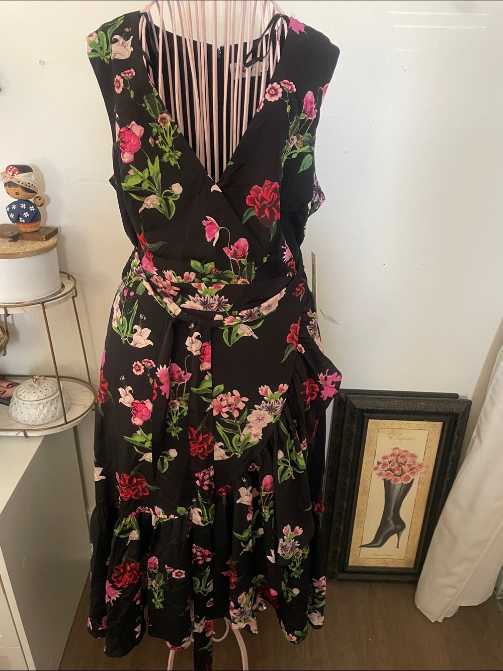 Eliza J Black Floral Wrap Midi Dress with Pink & Green Blooms